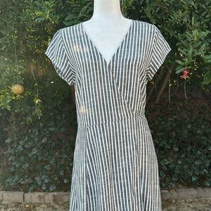 Elan Breezy Striped Wrap Maxi Dress | V-Neck Tie-Back with Raw Ruffle Hem Size M